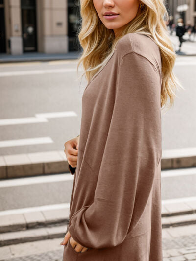 Half Button V-Neck Mocha Brown Long Sleeve Dress with Pockets