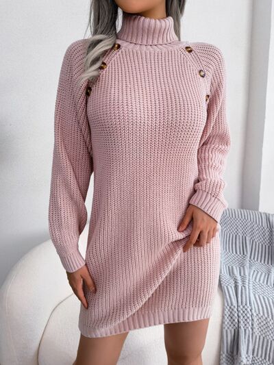 Abigail Decorative Button Turtleneck Sweater Dress