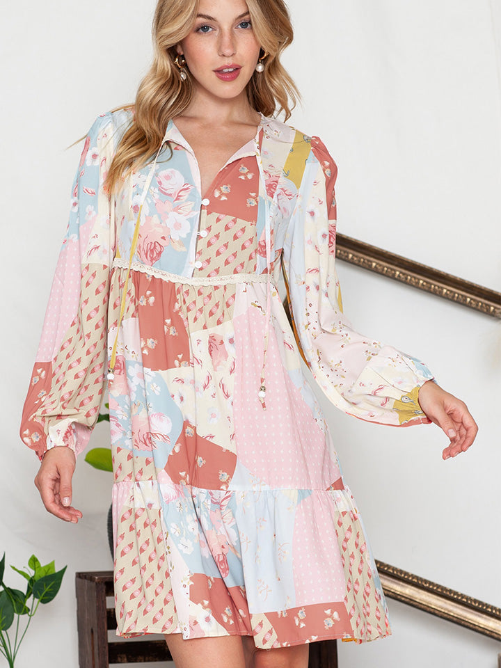 Multicolor Printed Tie Neck Long Sleeve Dress