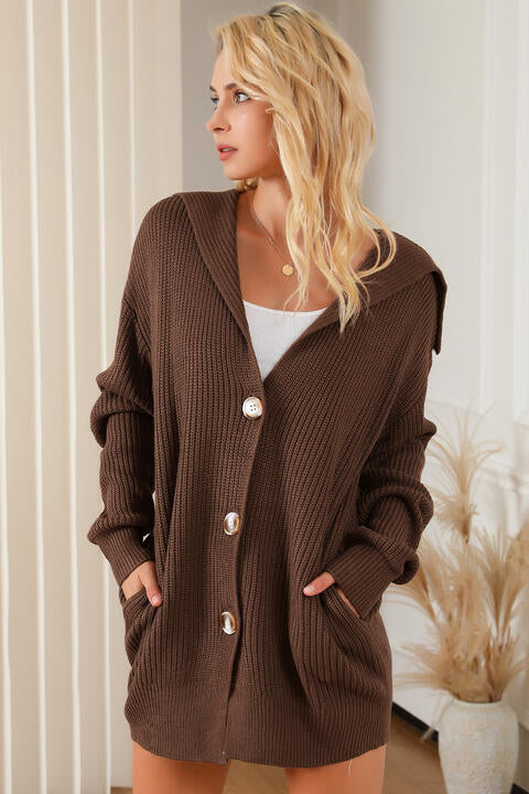 Chestnut Brown V-Neck Button Down Dropped Shoulder Cardigan