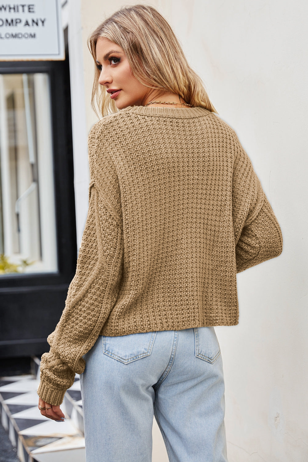 ZELDAlea Cable-Knit Round Neck Dropped Shoulder Sweater