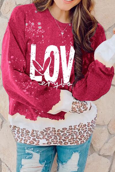 VALENTINE SEASONAL LOVE EVERYBODY Leopard Round Neck Sweatshirt