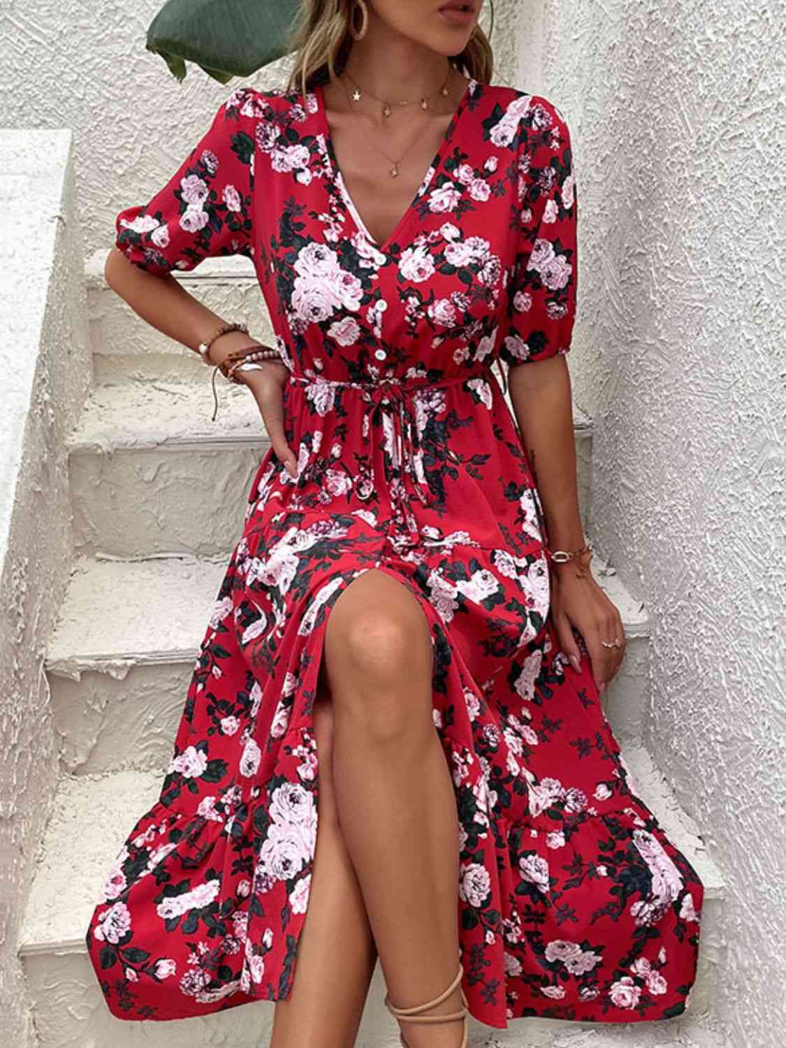 Red Floral Split Tie-Waist Dress