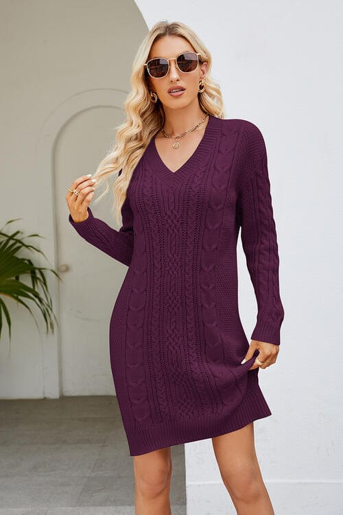 LifeDresses Cable-Knit Long Sleeve Sweater Dress