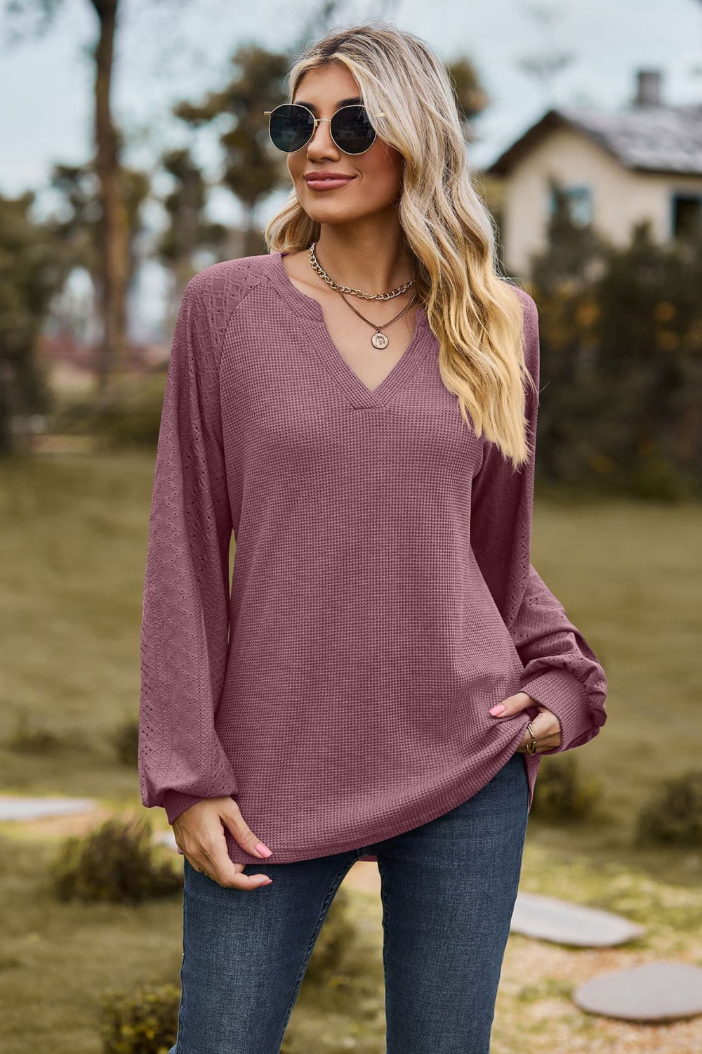 Full Size Notched Neck Raglan Sleeve Blouse