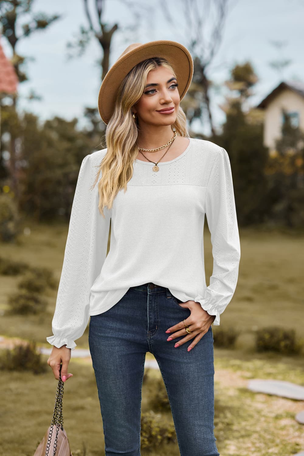 Full Size Round Neck Puff Sleeve Blouse