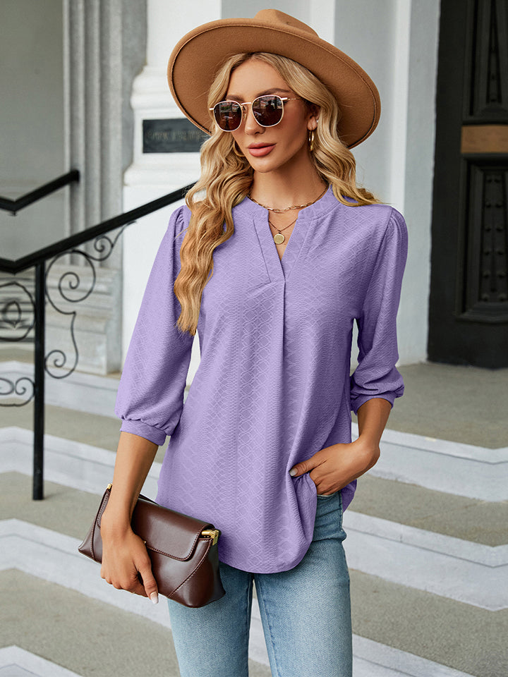 Full Size Notched Neck Three-Quarter Sleeve Blouse