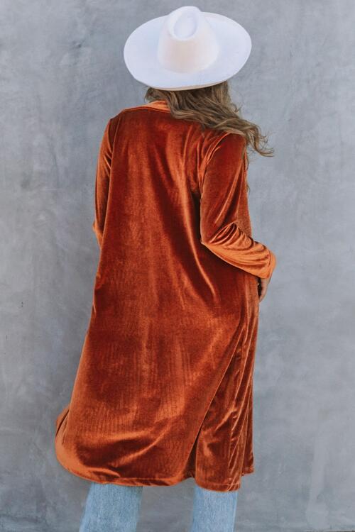 Caramel Brown Collared Neck Longline Velvet Cardigan with Pockets