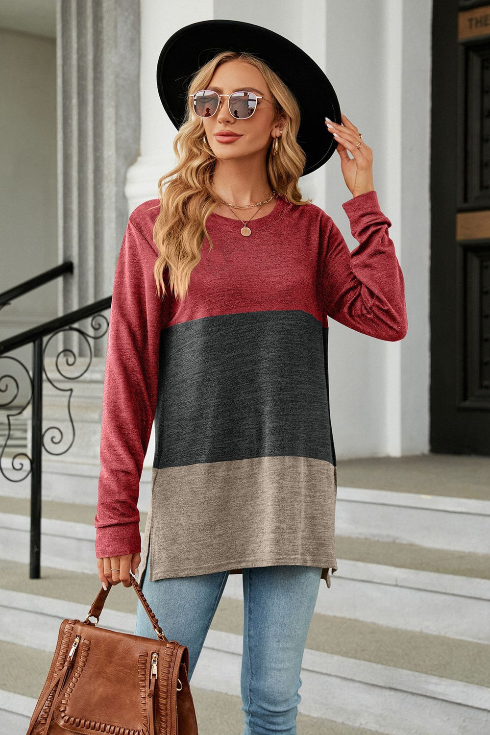 Full Size Color Block Round Neck Long Sleeve Slit T-Shirt