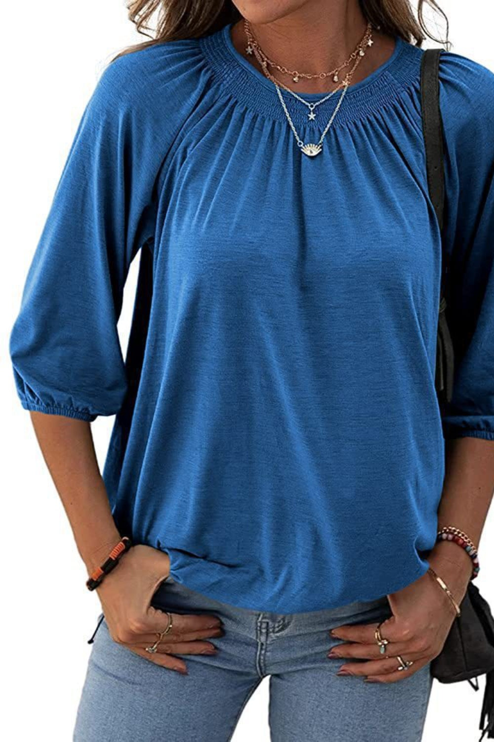 Full Size Gathered Detail Round Neck T-Shirt