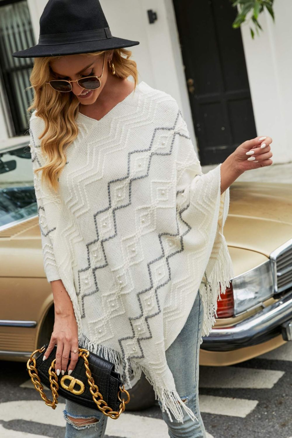 One Size Pearl Trim V-Neck Fringe Hem Poncho