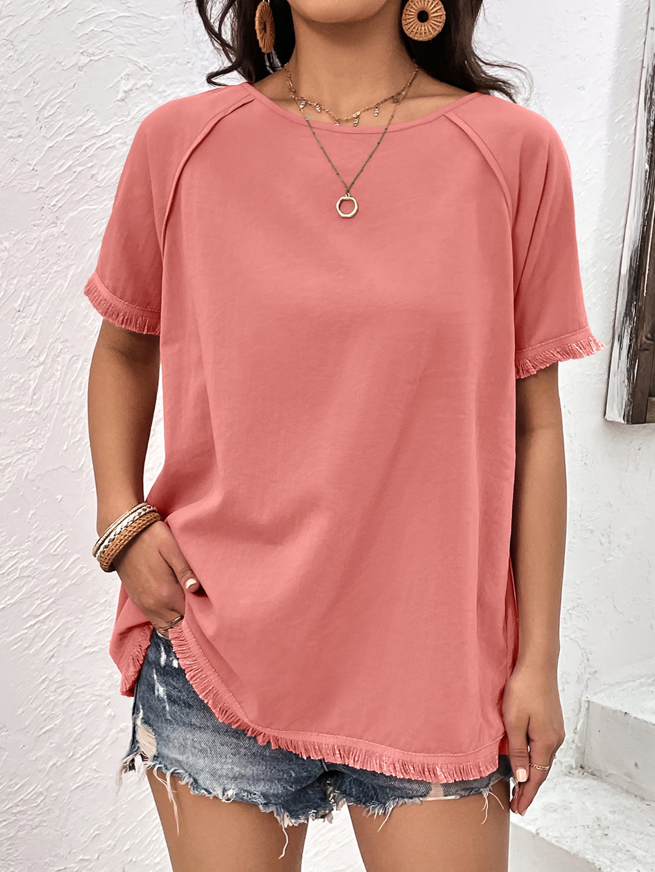 Women's Round Neck Raglan Sleeve Fringe Detail Top