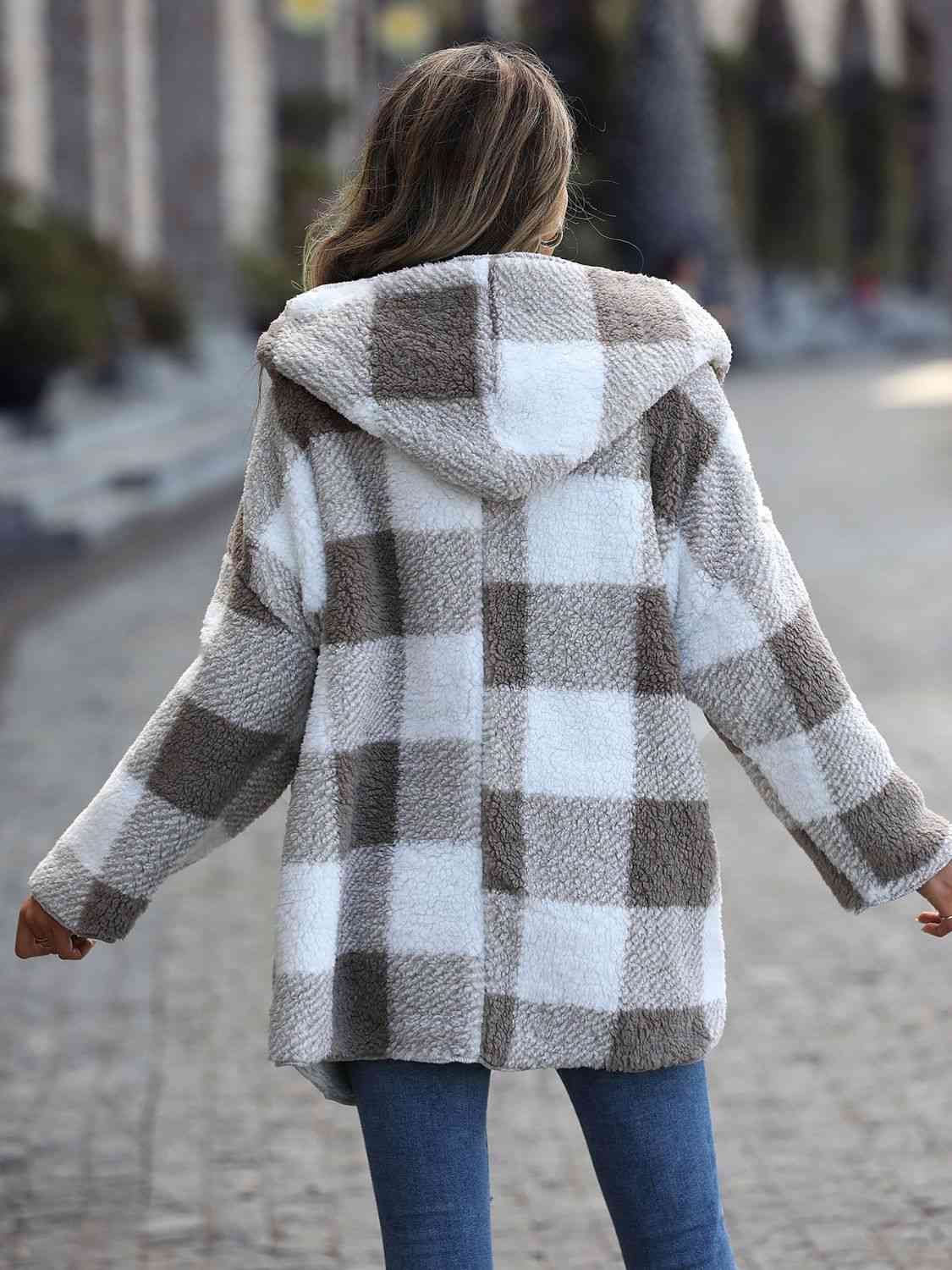 Charcoal Plaid Open Front Hooded Coat