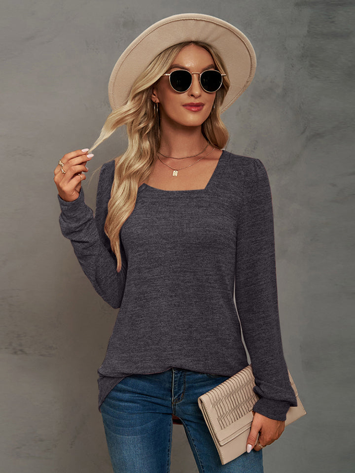 Full Size Heathered Square Neck Long Sleeve T-Shirt