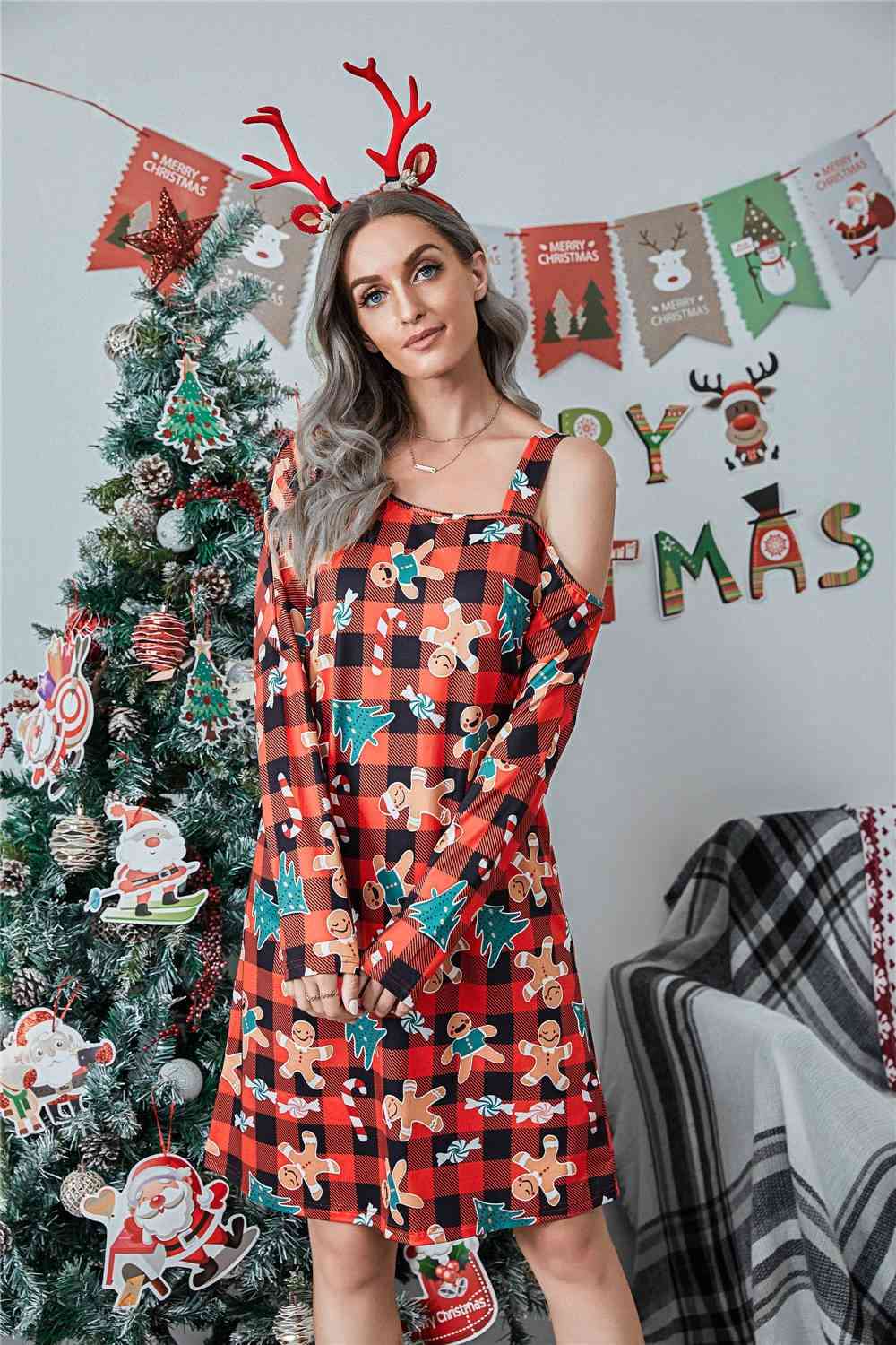 Christmas Asymmetrical Neck Long Sleeve Mini Dress