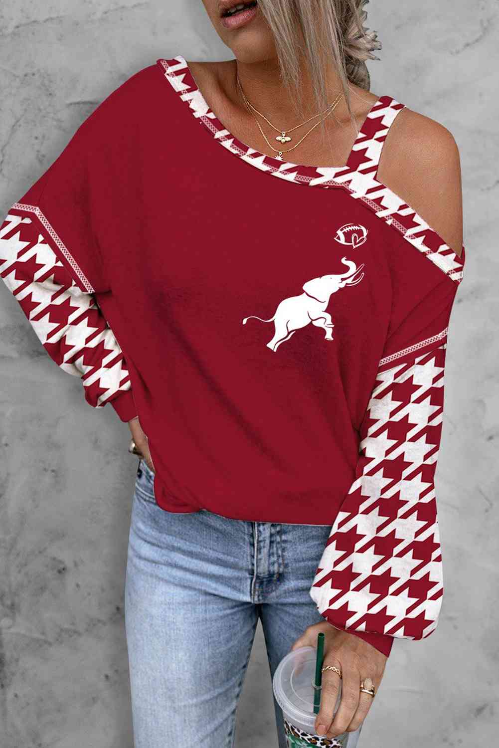 Houndstooth Long Sleeve Asymmetrical Neck Deep Red Top