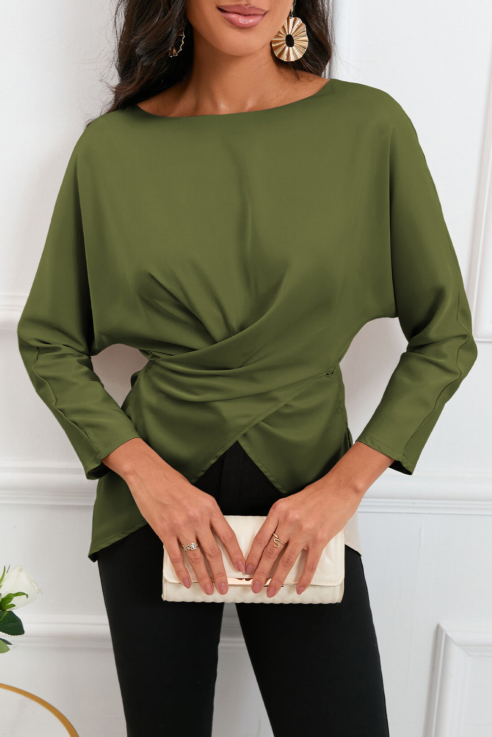 Full Size Boat Neck Back Tie Long Sleeve Satin Blouse