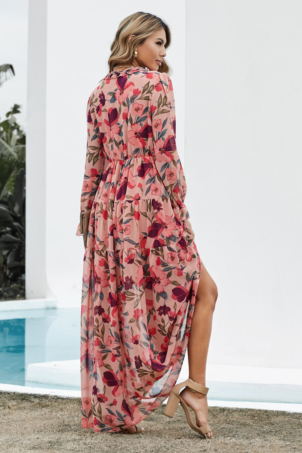 Women's Floral Frill Trim Flounce Sleeve Plunge Maxi Dress