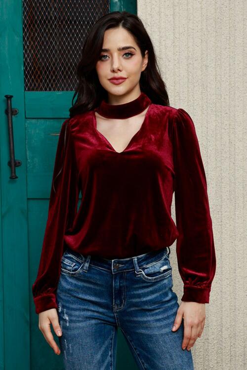 Cutout Puff Sleeve Velvet Blouse