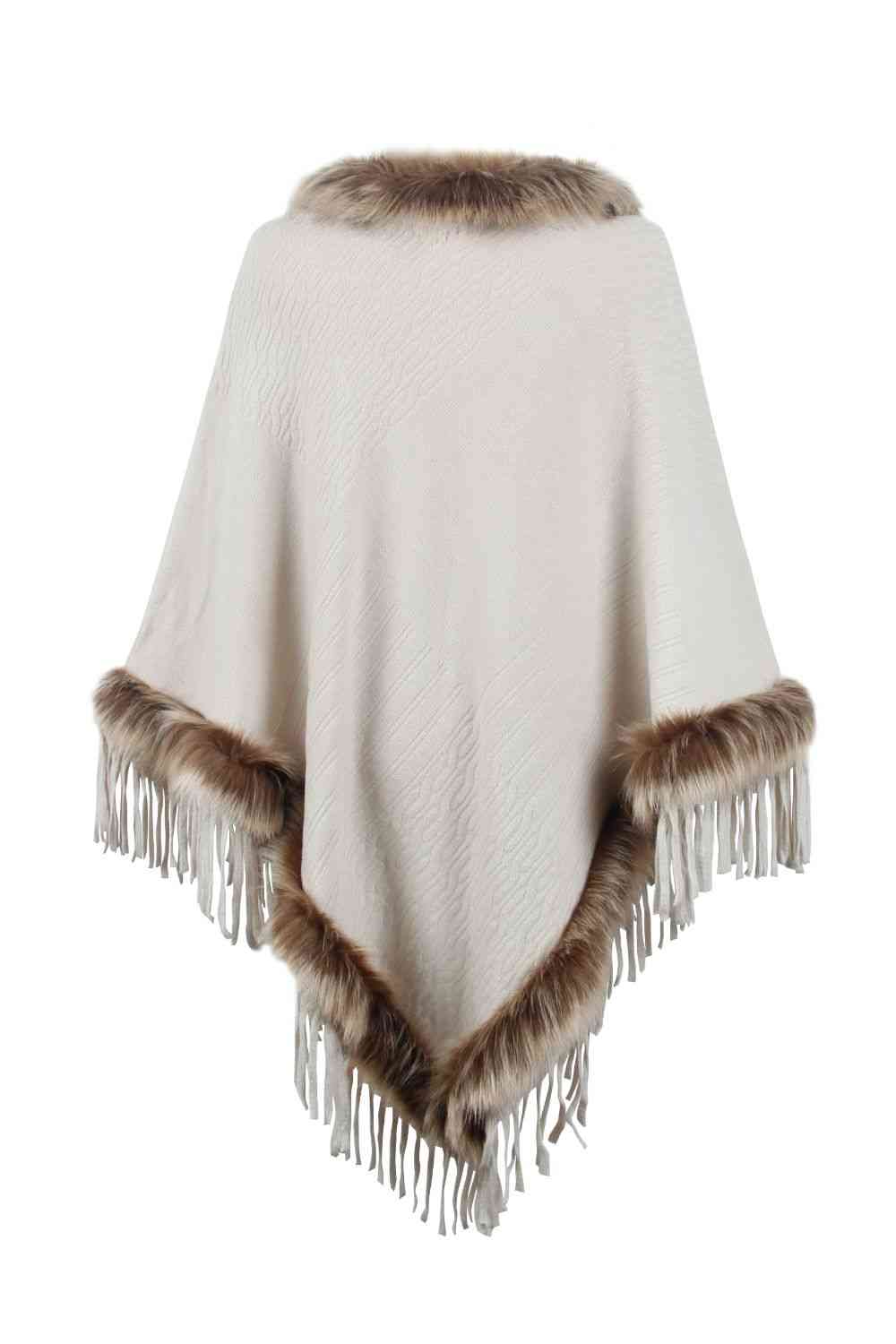 Country Rustic One Size Faux Fur Trim Fringed Poncho