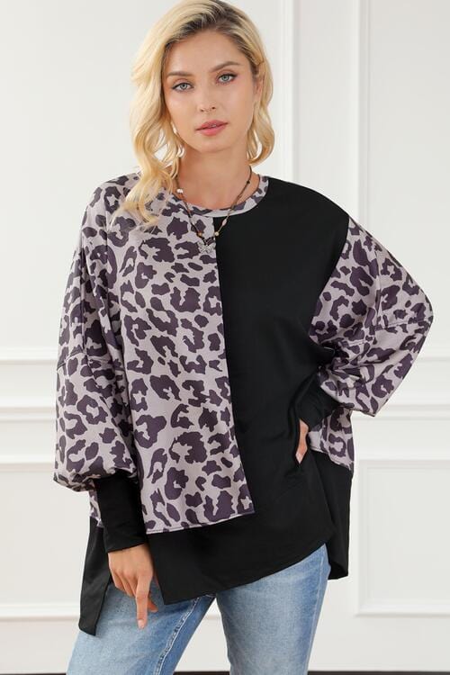 Leopard Round Neck Lantern Sleeve Slit Black Sweatshirt