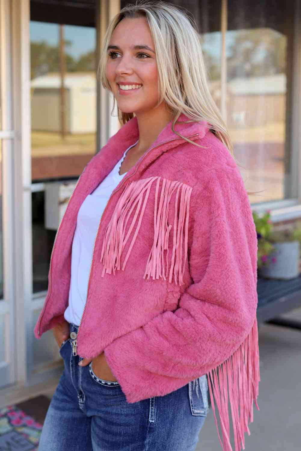 FashionToFigureTrends Hot Pink Fringe Detail Zip-Up Jacket