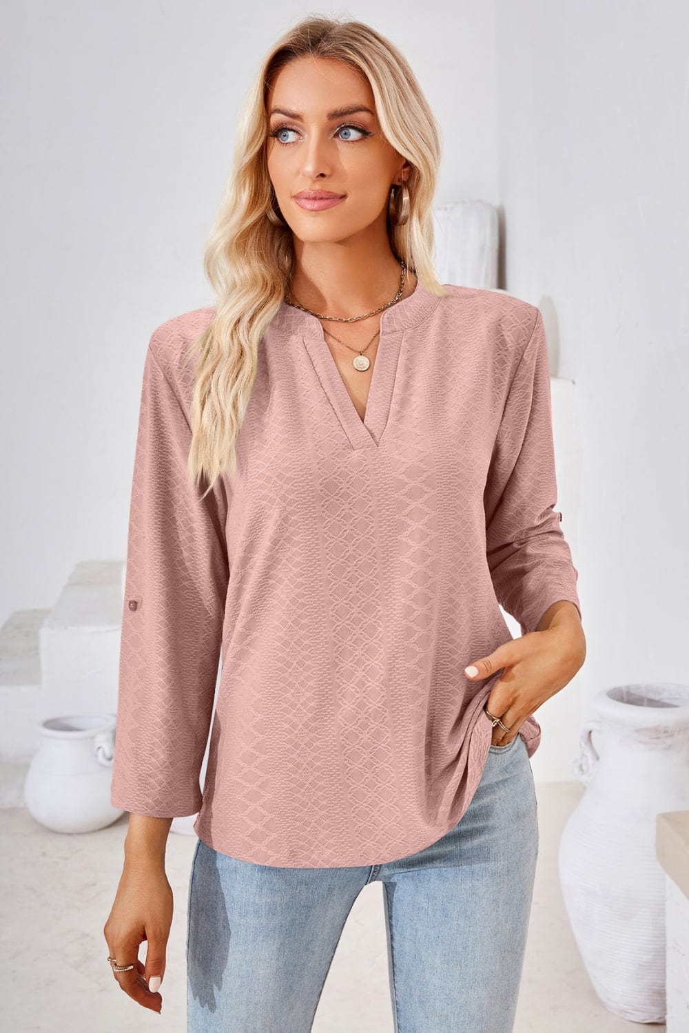 Full Size V-Neck Roll-Tap Sleeve Blouse