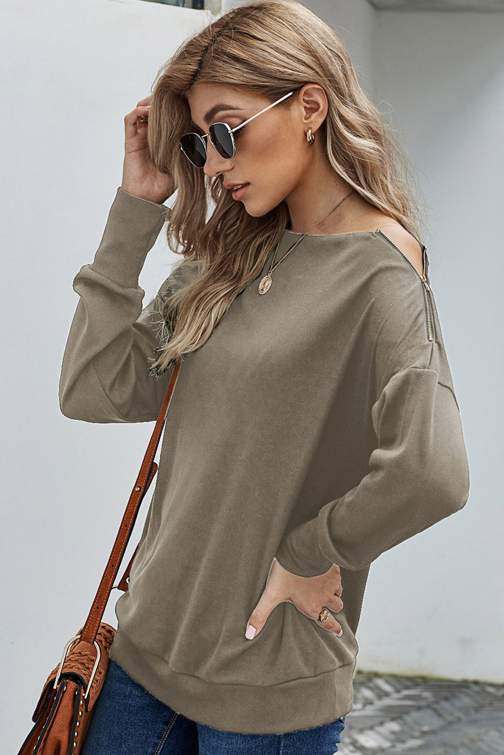 Full Size Zipper Detail Boat Neck Dropped Shoulder Sweatshirt