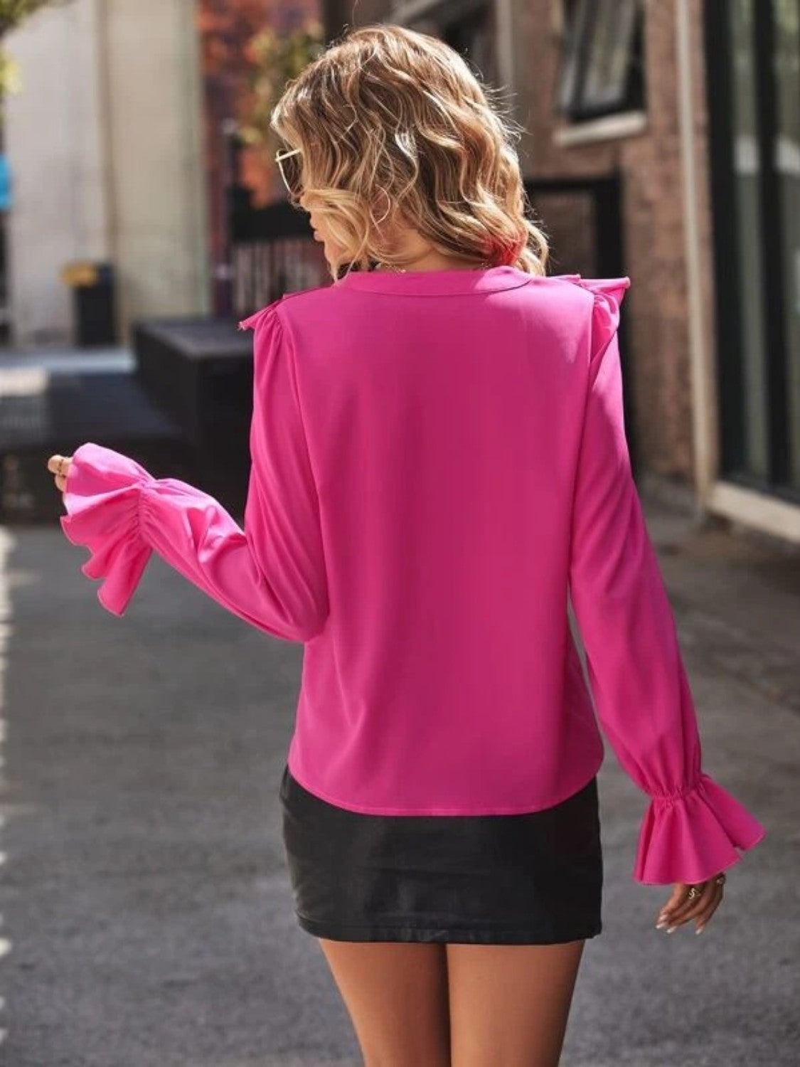 Full Size Ruffled V-Neck Flounce Sleeve Shirt