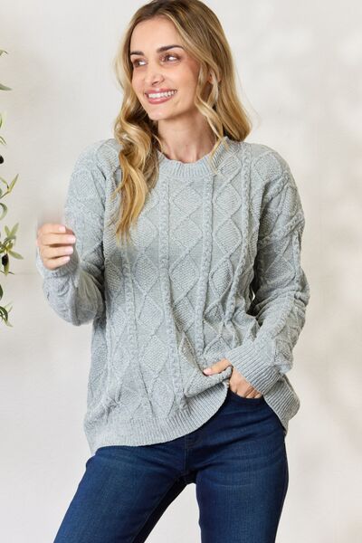 BiBi Cable Knit Round Neck Dust Sage Green Sweater