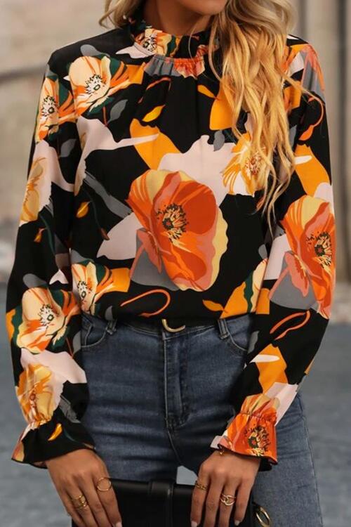 Floral Mock Neck Black Multicolor Flounce Sleeve Blouse