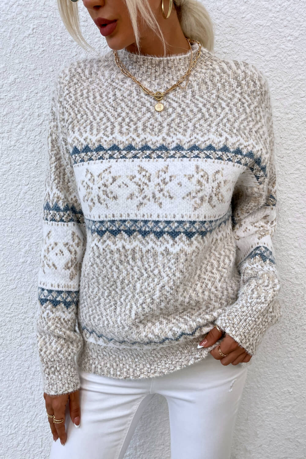 CHRISTMAS Snowflake Pattern Mock Neck Sweater