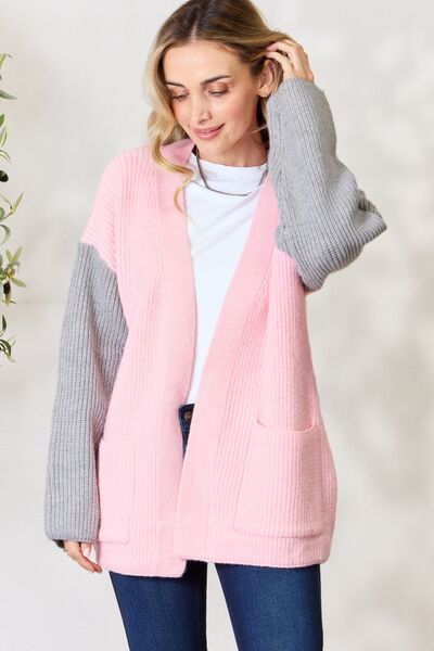 BiBi Contrast Blush-Grey Open Front Cardigan with Pockets