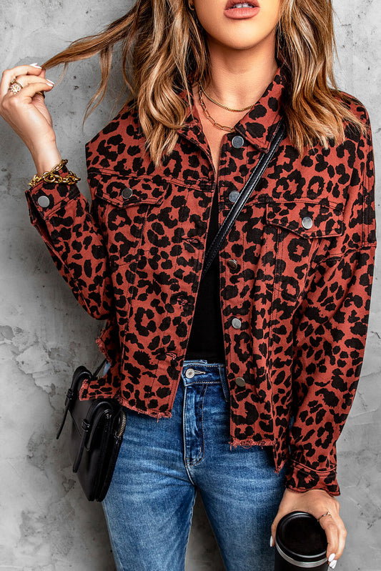 Full Size Leopard Print Raw Hem Jacket
