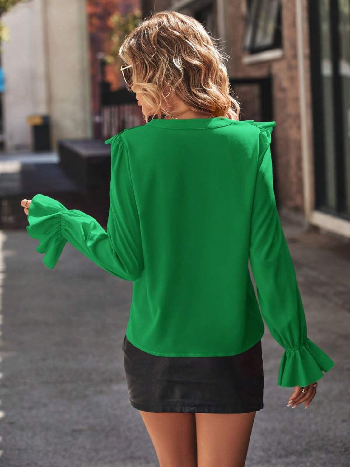 Full Size Ruffled V-Neck Flounce Sleeve Shirt