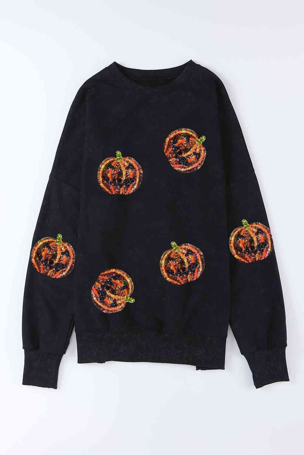 SEASONAL FALL Pumpkin Print Dropped Shoulder Black Sweatshirt