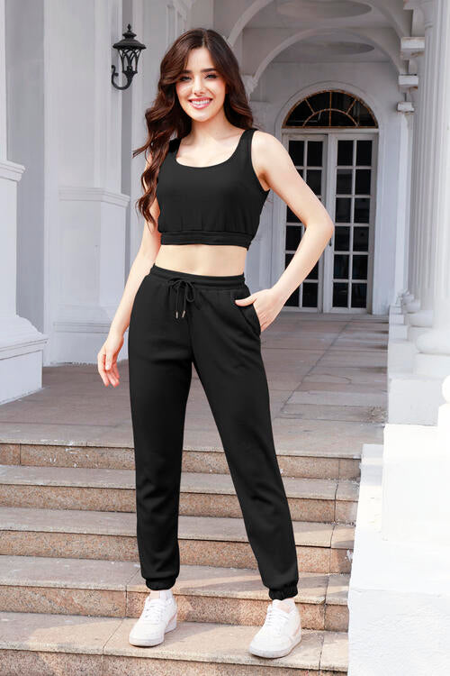 Hannah Waffle-Knit Cropped Tank and Drawstring Pants Set