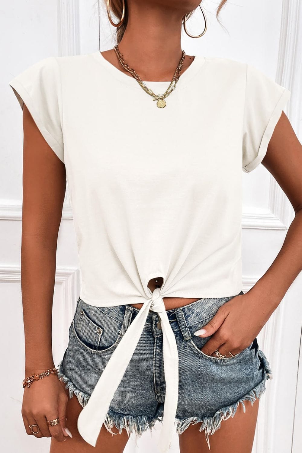 Full Size Tied Round Neck Crop Tee