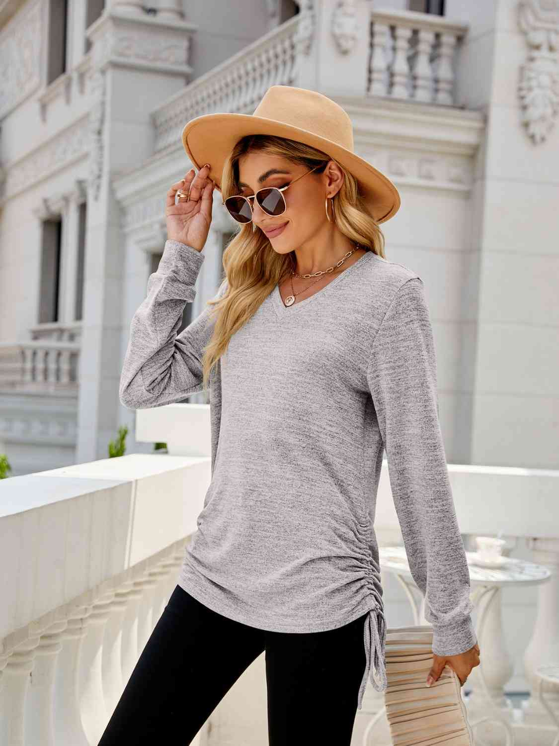 Full Size Drawstring V-Neck Long Sleeve T-Shirt