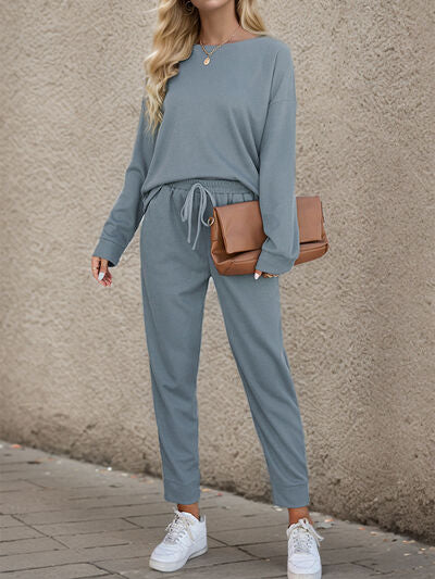 Round Neck Top and Drawstring Cloudy Blue Pants Set