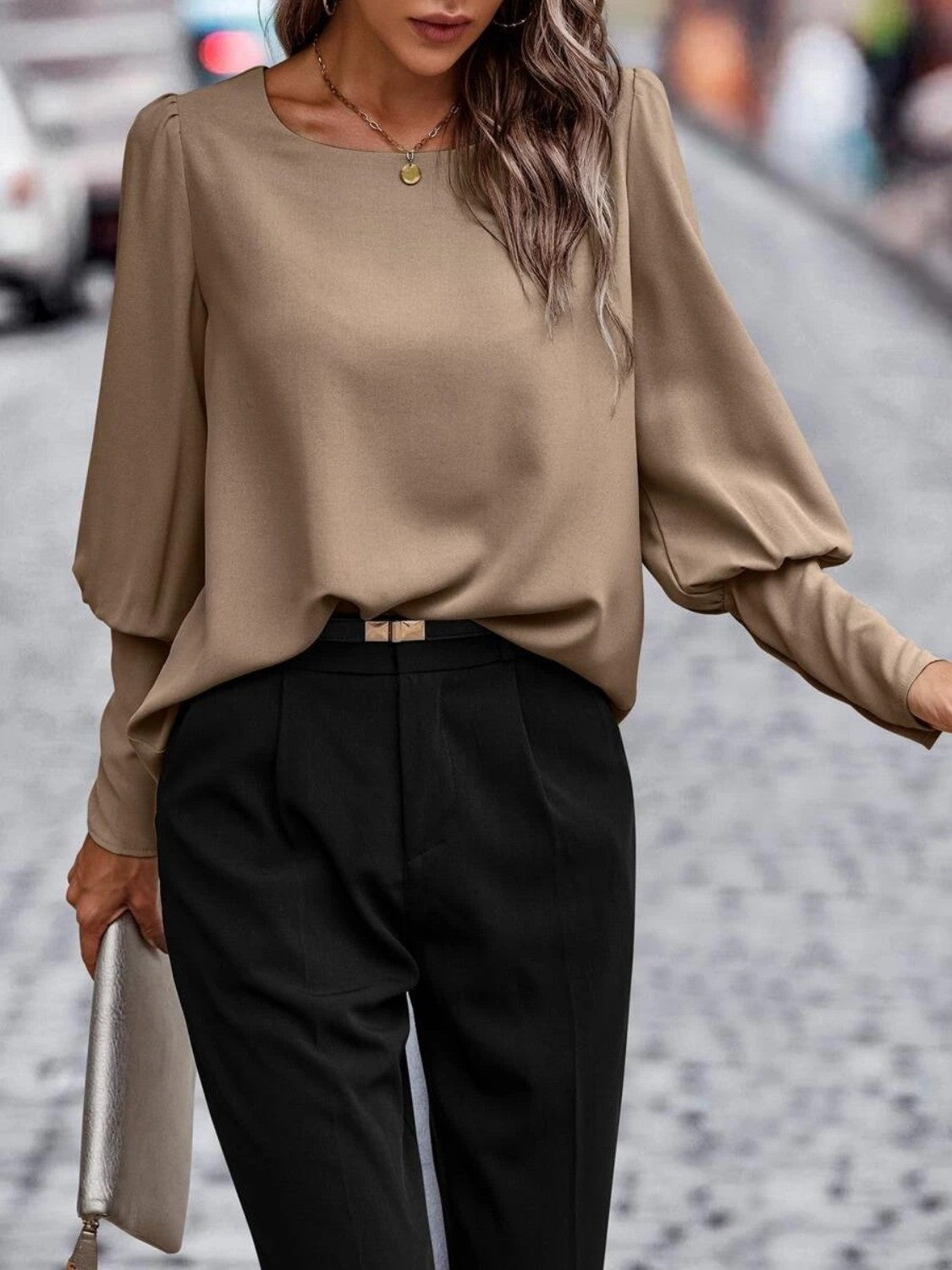 Full Size Round Neck Lantern Sleeve Blouse