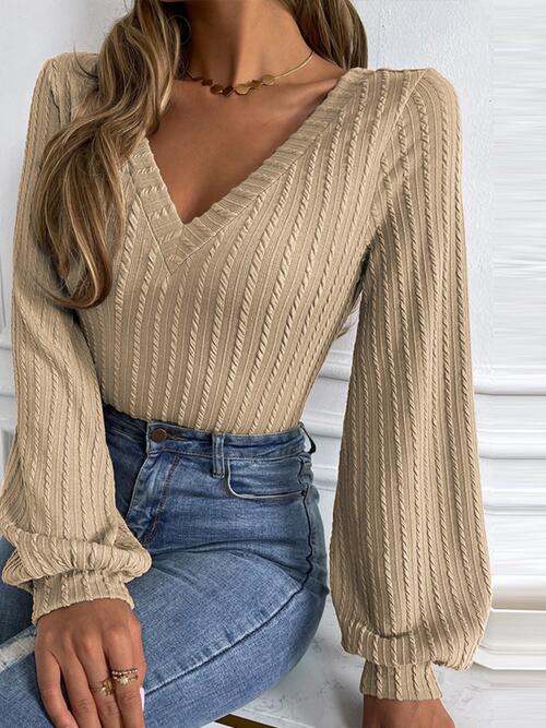 Tan Cable-Knit V-Neck Long Sleeve Knit Top