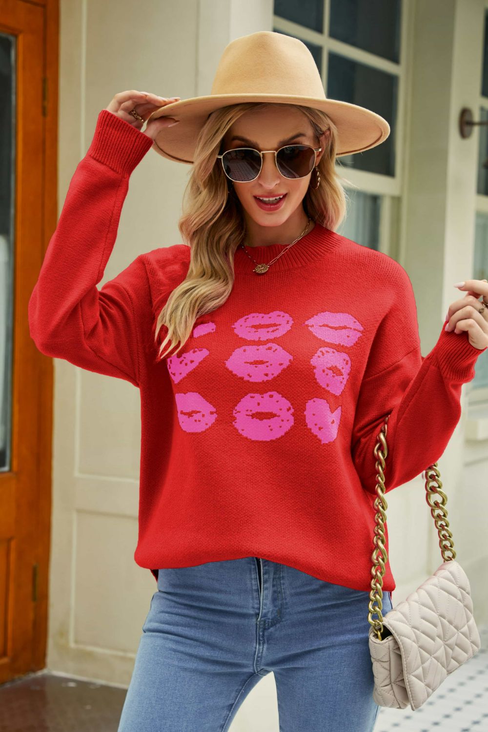 Women's Lip Graphic Slit Dropped Shoulder Sweater
