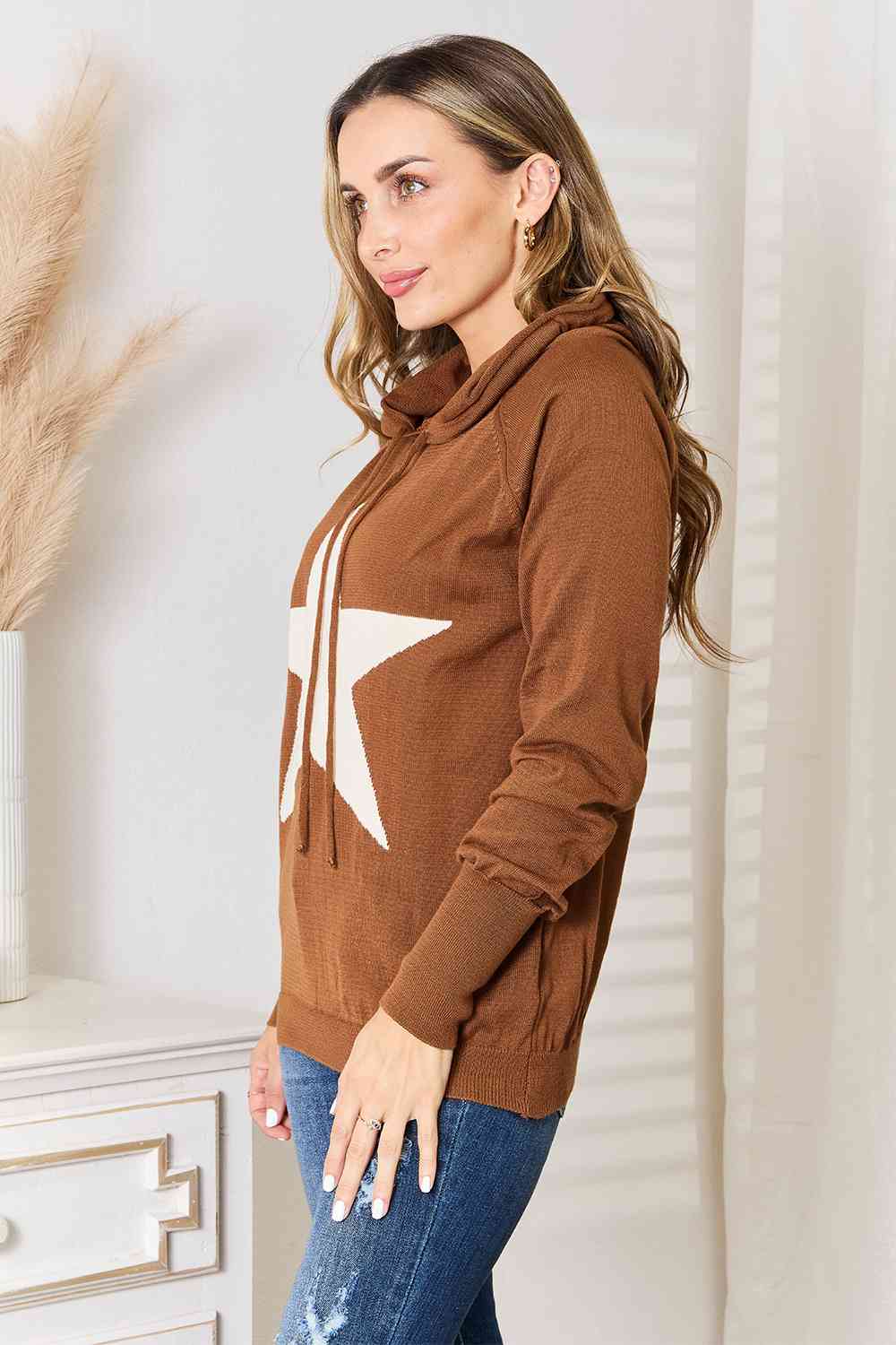 Heimish Full Size Star Graphic Chestnut Brown Hooded Sweater