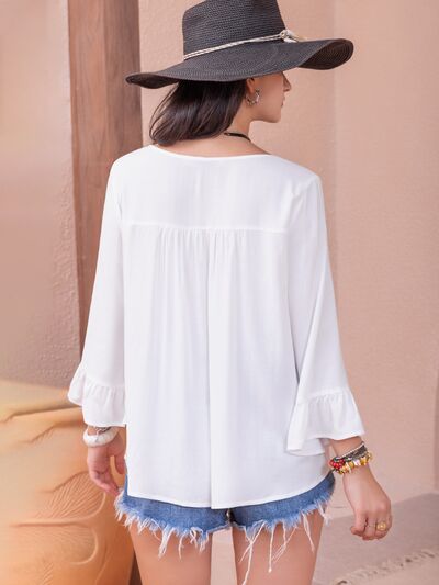 Women's Ava White Cutout V-Neck Flounce Sleeve Blouse