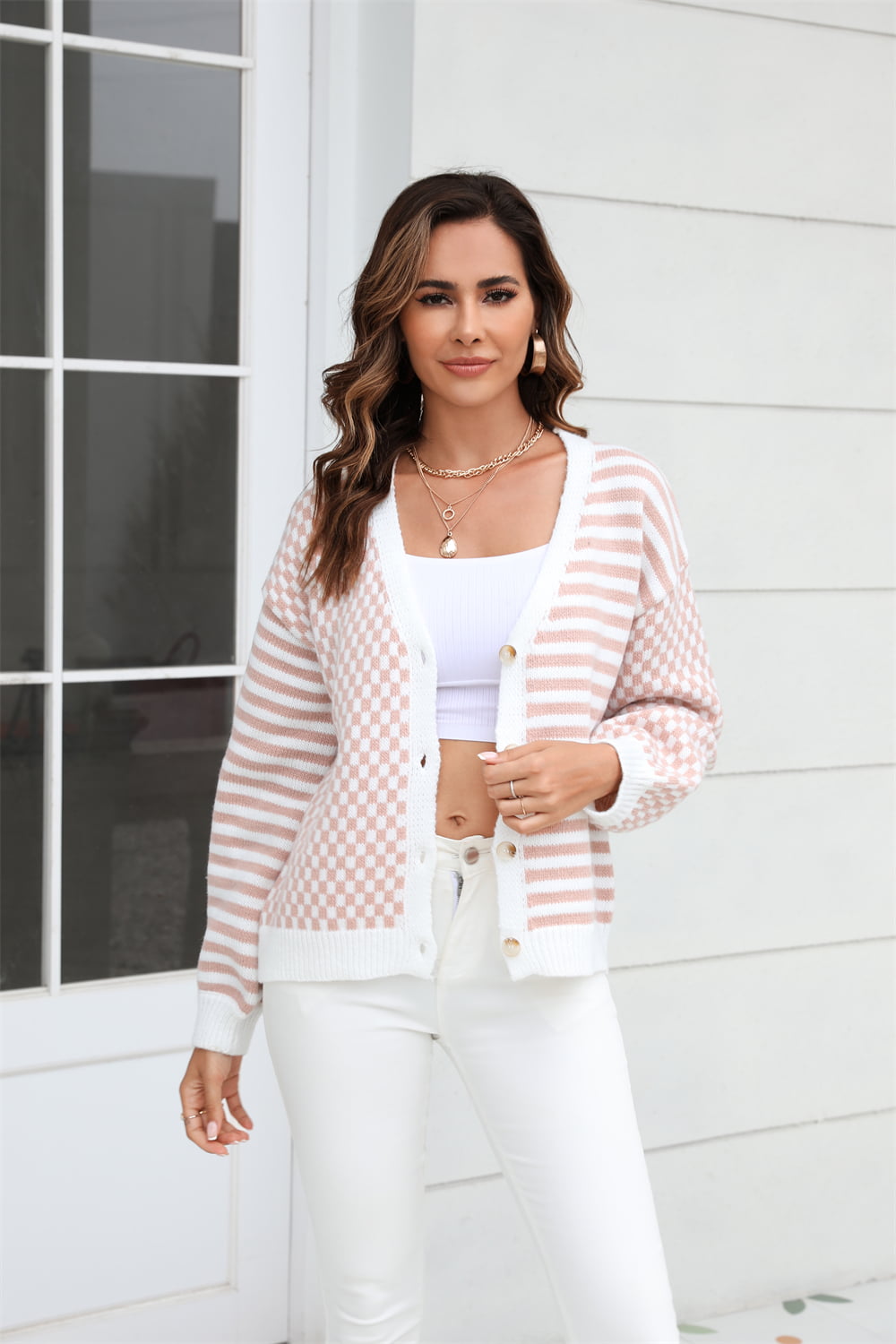 Sophia & Grace Button-Down Stripe & Plaid Contrast Pattern Cardigan