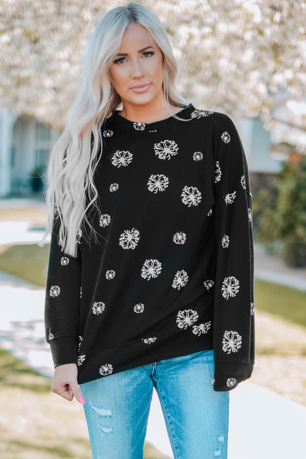 Full Size Dandelion Print Round Neck Slit Sweatshirt