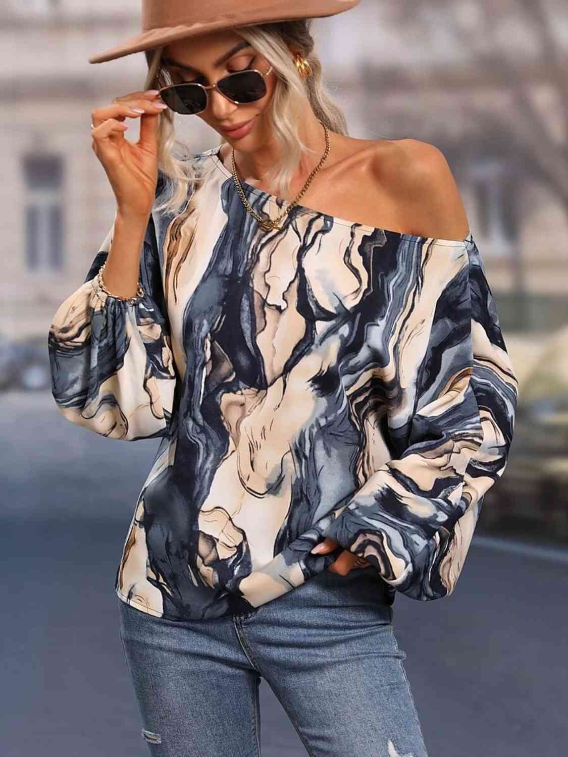 Full Size Printed Boat Neck Blouse