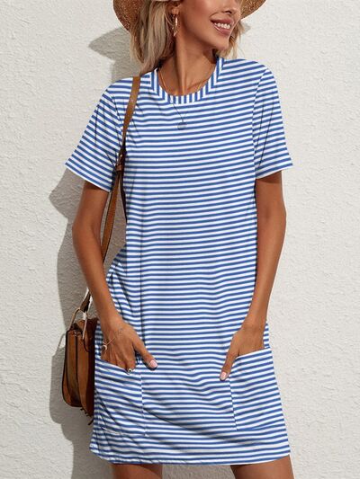 Pocketed Striped Round Neck Short Sleeve Dress