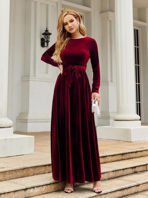 OhSoMaxi Tie Front Round Neck Long Sleeve Maxi Dress